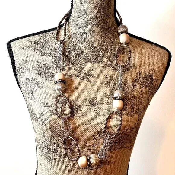 Women Chico's Silver Gold Link Beaded Chunky Rhinestone Statement Necklace  40" - Picture 2 of 8